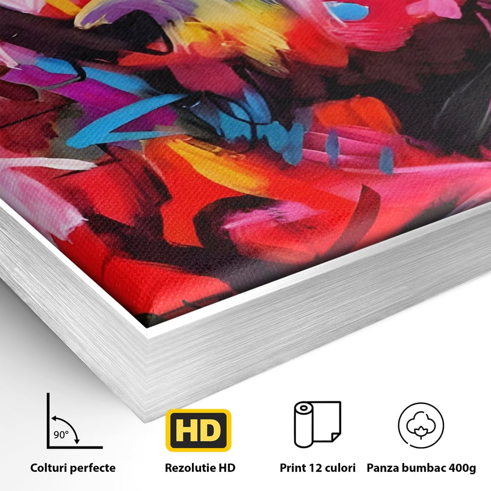 Detaliu al suprafetei: tablou canvas cu graffiti rosu, in rama de aluminiu argintiu